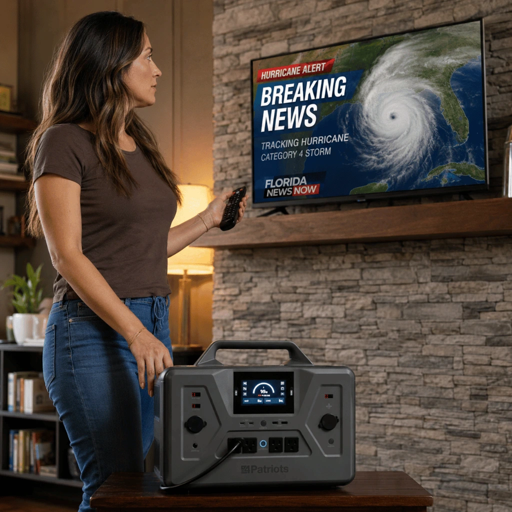 Woman watching a hurricane alert broadcast with a 4Patriots 2200X solar generator on the table in front of her