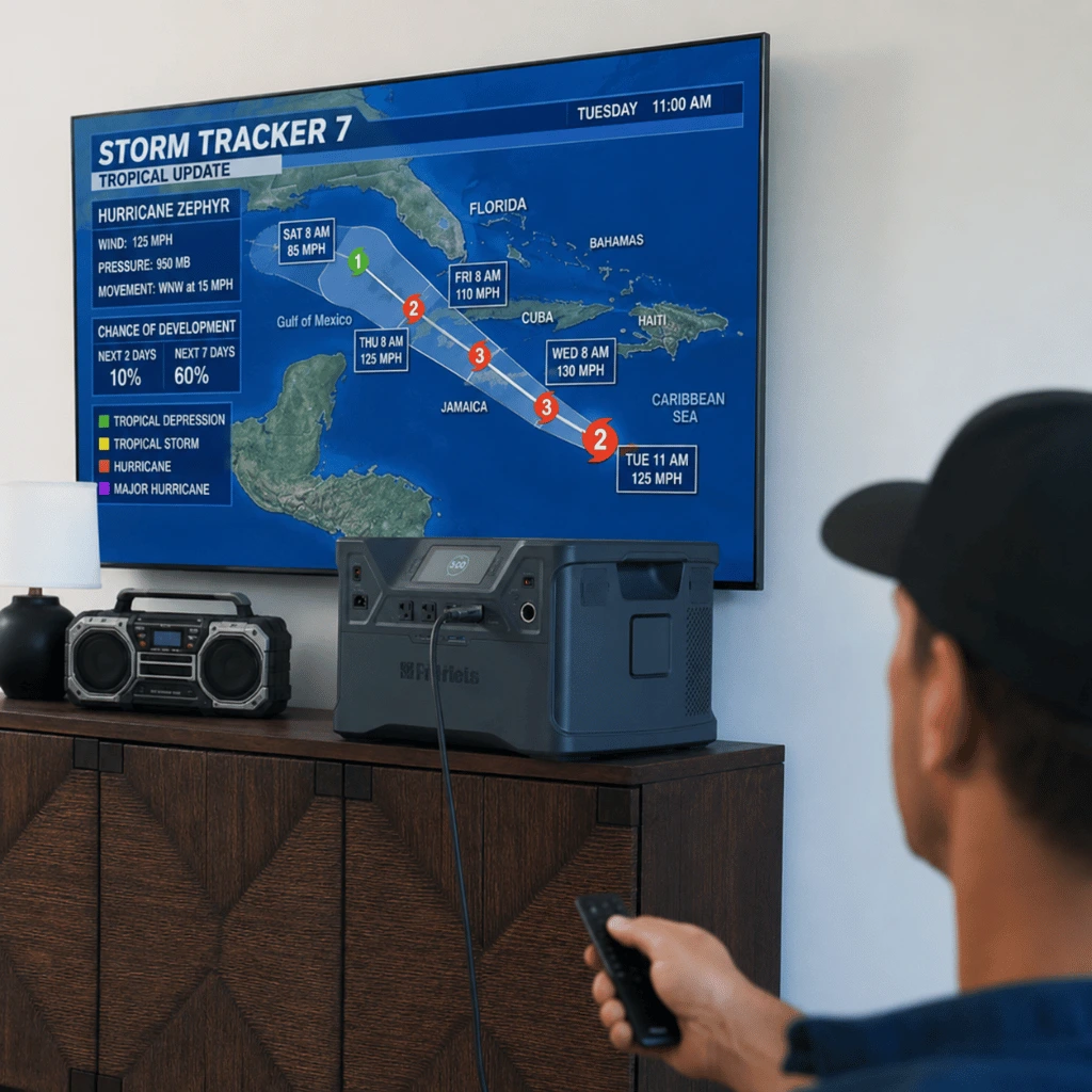 Man watching a hurricane tracking forecast on TV with a 4Patriots 2500X solar generator powering the room before a storm