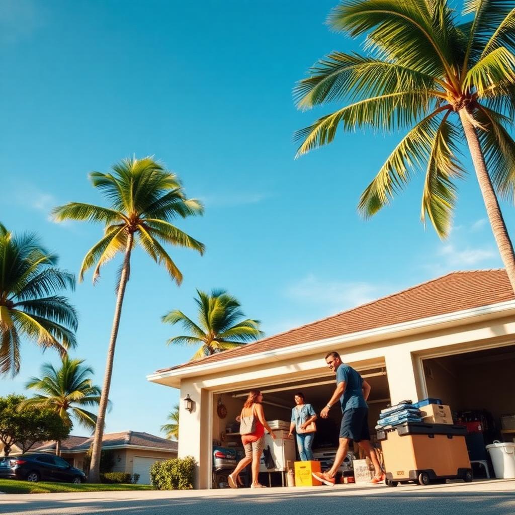 Family loading supplies and a portable battery into a garage under a clear pre-storm sky