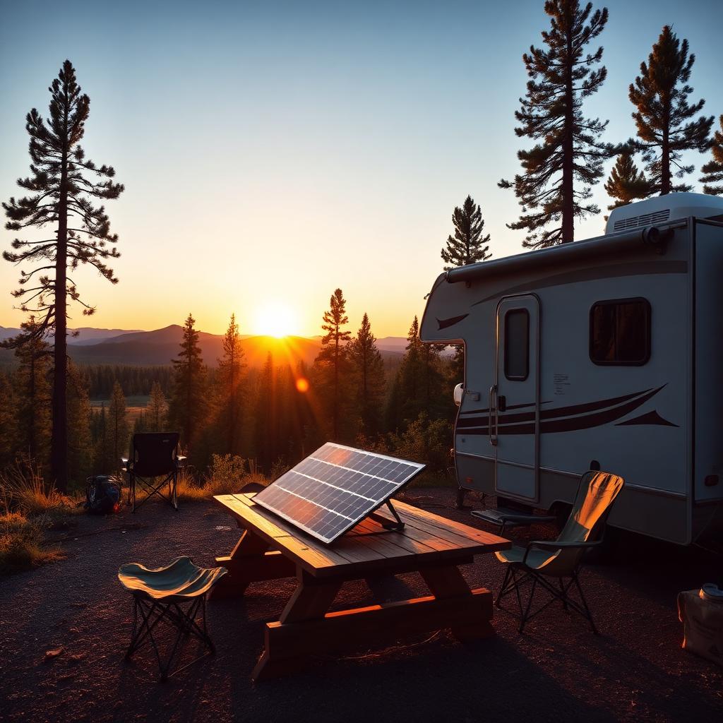 RV at a forest campsite with a portable solar panel on a picnic table at sunset