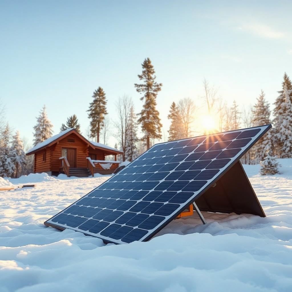Portable solar panel set up in snow outside a winter cabin
